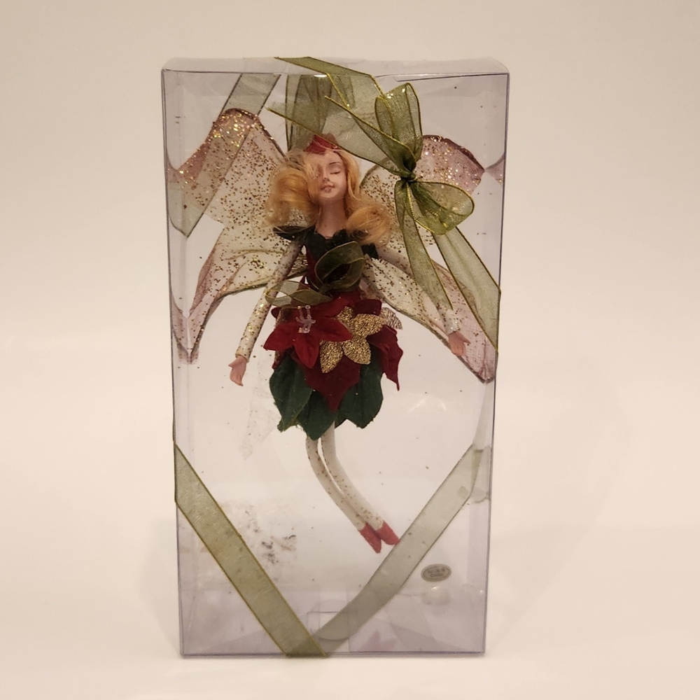 Fairy Ornament Green Red Gold Woodland Sprite Pixie Christmas Holiday Yule